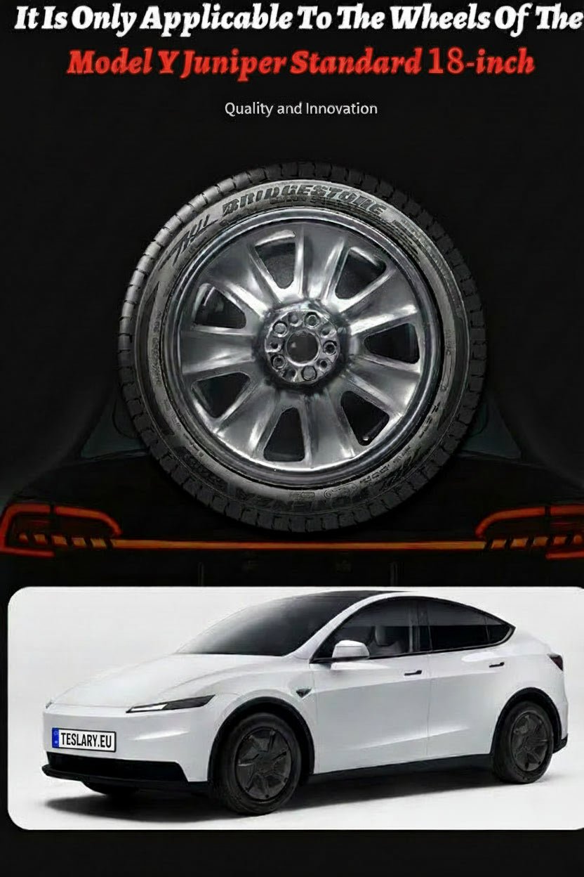 A promotional graphic showing a close-up of a silver multi-spoke wheel with a black tire, above a white Tesla Model Y sedan on a black background. Text at the top reads 'It Is Only Applicable To The Wheels Of The Model Y Juniper Standard 18-inch' with smaller French text below.