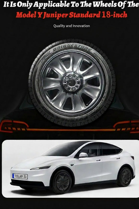 A promotional graphic showing a close-up of a silver multi-spoke wheel with a black tire, above a white Tesla Model Y sedan on a black background. Text at the top reads 'It Is Only Applicable To The Wheels Of The Model Y Juniper Standard 18-inch' with smaller French text below.