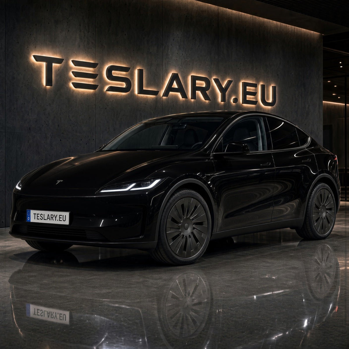 A black Tesla Model Y Standard RWD is parked indoors in front of a dark wall with a large illuminated TESLARY.EU sign. TESLA_MODEL_Y_18_INCH_RWD_STANDARD_WHEEL_COVERS_2026_BUY_FROM_IRELAND_AND_EUROPES_TESLARY.EU_WITH_FREE_DELIVERY_ACROSS_EUROPE_WITH_FEDEX_TESLARY.EU_TESLARY.IE_TESLARY.FI_TESLARY.PT_TESLARY.IT