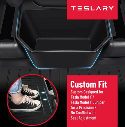 Black Tesla Model Y floor mat with illuminated blue LED accent lines, shown installed in a car footwell. Includes a red Tesla logo badge, a circular inset showing shoes on the mat, and a red text box stating 'Custom Fit' for Tesla Model Y / Juniper. TESLA_MODEL_Y_MODEL_Y_JUNIPER_REAR_STORAGE_BIN_BUY_FROM_EUROPE_AND_IRELAND_TESLARY.EU_TESLARY.IE_TESLARY.CO.UK_TESLARY.PT_TESLARY.ES