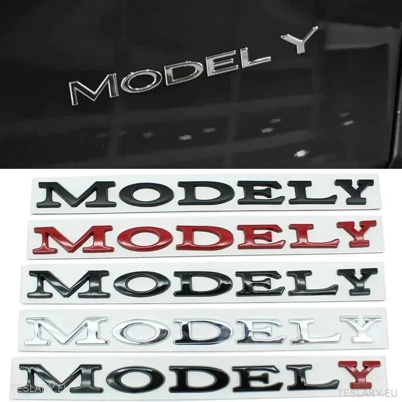 TESLA " MODEL Y " REAR LOGO EMBLEM IN CHROME & BLACK - TESLARY Tesla Shop Accessories Europe Nederlands Dublin Cork Ireland Deutschland Espana Alicante France Italia