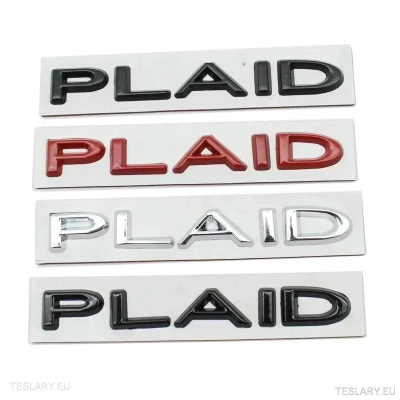 TESLA " PLAID " REAR LOGO EMBLEM IN CHROME & RED - TESLARY Tesla Shop Accessories Europe Nederlands Ireland Deutschland Espana Alicante France Italia