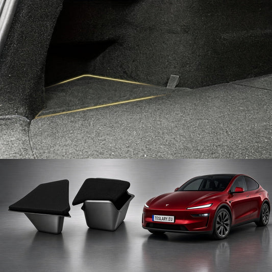 A split image showing a car interior carpet and light strip in the top half, and two black-and-gray carpeted storage bins beside a red Tesla Model Y in the bottom half, suggesting a set of Tesla-compatible carpet inserts. tpe-trunk-storage-for-tesla-model-y-juniper-with-lids-to-match-trunk-teslary-dublin-ireland-cork-nederlands-deutschland-espana-alicante-madrid-tesla-accessories-8032688