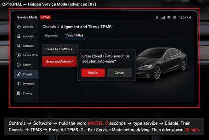 A screenshot of a Tesla vehicle infotainment screen showing a service mode menu for Chassis > Alignment and Tires / TPMS, with a pop-up asking to enable erased TPMS sensor IDs. Red instructional text at the bottom explains how to hold the word MODEL and navigate to this setting. Buy 433Mhz TPMS Sensors for your Tesla Model S or Model X from Europes TESLARY.EU